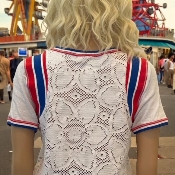 Free People XSmall Mimi TShirt Short Sleeve Top White Red Blue Mesh Crochet XS - Picture 6 of 10